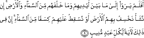 أَفَلَمْ يَرَوْا إِلَىٰ مَا بَيْنَ أَيْدِيهِمْ وَمَا خَلْفَهُمْ مِنَ السَّمَاءِ وَالْأَرْضِ ۚ إِنْ نَشَأْ نَخْسِفْ بِهِمُ الْأَرْضَ أَوْ نُسْقِطْ عَلَيْهِمْ كِسَفًا مِنَ السَّمَاءِ ۚ إِنَّ فِي ذَٰلِكَ لَآيَةً لِكُلِّ عَبْدٍ مُنِيبٍ