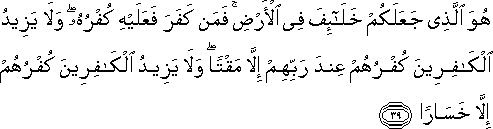 هُوَ الَّذِي جَعَلَكُمْ خَلَائِفَ فِي الْأَرْضِ ۚ فَمَنْ كَفَرَ فَعَلَيْهِ كُفْرُهُ ۖ وَلَا يَزِيدُ الْكَافِرِينَ كُفْرُهُمْ عِنْدَ رَبِّهِمْ إِلَّا مَقْتًا ۖ وَلَا يَزِيدُ الْكَافِرِينَ كُفْرُهُمْ إِلَّا خَسَارًا