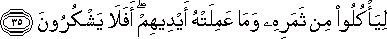 لِيَأْكُلُوا مِنْ ثَمَرِهِ وَمَا عَمِلَتْهُ أَيْدِيهِمْ ۖ أَفَلَا يَشْكُرُونَ لِيَأْكُلُوا مِنْ ثَمَرِهِ وَمَا عَمِلَتْهُ أَيْدِيهِمْ ۖ أَفَلَا يَشْكُرُونَ