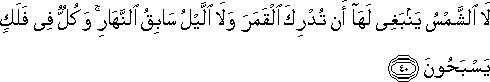 لَا الشَّمْسُ يَنْبَغِي لَهَا أَنْ تُدْرِكَ الْقَمَرَ وَلَا اللَّيْلُ سَابِقُ النَّهَارِ ۚ وَكُلٌّ فِي فَلَكٍ يَسْبَحُونَ