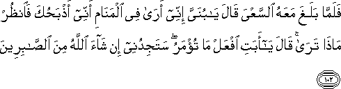 فَلَمَّا بَلَغَ مَعَهُ السَّعْيَ قَالَ يَا بُنَيَّ إِنِّي أَرَىٰ فِي الْمَنَامِ أَنِّي أَذْبَحُكَ فَانْظُرْ مَاذَا تَرَىٰ ۚ قَالَ يَا أَبَتِ افْعَلْ مَا تُؤْمَرُ ۖ سَتَجِدُنِي إِنْ شَاءَ اللَّهُ مِنَ الصَّابِرِينَ