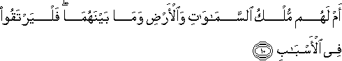 أَمْ لَهُمْ مُلْكُ السَّمَاوَاتِ وَالْأَرْضِ وَمَا بَيْنَهُمَا ۖ فَلْيَرْتَقُوا فِي الْأَسْبَابِ