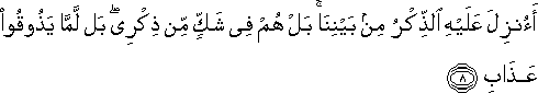 أَأُنْزِلَ عَلَيْهِ الذِّكْرُ مِنْ بَيْنِنَا ۚ بَلْ هُمْ فِي شَكٍّ مِنْ ذِكْرِي ۖ بَلْ لَمَّا يَذُوقُوا عَذَابِ