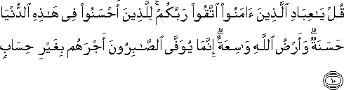 قُلْ يَا عِبَادِ الَّذِينَ آمَنُوا اتَّقُوا رَبَّكُمْ ۚ لِلَّذِينَ أَحْسَنُوا فِي هَٰذِهِ الدُّنْيَا حَسَنَةٌ ۗ وَأَرْضُ اللَّهِ وَاسِعَةٌ ۗ إِنَّمَا يُوَفَّى الصَّابِرُونَ أَجْرَهُمْ بِغَيْرِ حِسَابٍ