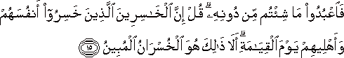 فَاعْبُدُوا مَا شِئْتُمْ مِنْ دُونِهِ ۗ قُلْ إِنَّ الْخَاسِرِينَ الَّذِينَ خَسِرُوا أَنْفُسَهُمْ وَأَهْلِيهِمْ يَوْمَ الْقِيَامَةِ ۗ أَلَا ذَٰلِكَ هُوَ الْخُسْرَانُ الْمُبِينُ