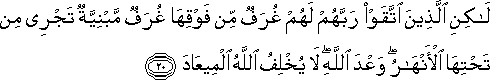 لَٰكِنِ الَّذِينَ اتَّقَوْا رَبَّهُمْ لَهُمْ غُرَفٌ مِنْ فَوْقِهَا غُرَفٌ مَبْنِيَّةٌ تَجْرِي مِنْ تَحْتِهَا الْأَنْهَارُ ۖ وَعْدَ اللَّهِ ۖ لَا يُخْلِفُ اللَّهُ الْمِيعَادَ