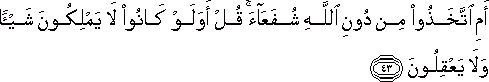 أَمِ اتَّخَذُوا مِنْ دُونِ اللَّهِ شُفَعَاءَ ۚ قُلْ أَوَلَوْ كَانُوا لَا يَمْلِكُونَ شَيْئًا وَلَا يَعْقِلُونَ أَمِ اتَّخَذُوا مِنْ دُونِ اللَّهِ شُفَعَاءَ ۚ قُلْ أَوَلَوْ كَانُوا لَا يَمْلِكُونَ شَيْئًا وَلَا يَعْقِلُونَ