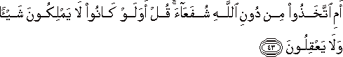 أَمِ اتَّخَذُوا مِنْ دُونِ اللَّهِ شُفَعَاءَ ۚ قُلْ أَوَلَوْ كَانُوا لَا يَمْلِكُونَ شَيْئًا وَلَا يَعْقِلُونَ