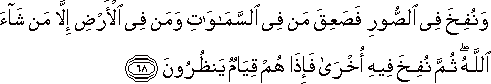 وَنُفِخَ فِي الصُّورِ فَصَعِقَ مَنْ فِي السَّمَاوَاتِ وَمَنْ فِي الْأَرْضِ إِلَّا مَنْ شَاءَ اللَّهُ ۖ ثُمَّ نُفِخَ فِيهِ أُخْرَىٰ فَإِذَا هُمْ قِيَامٌ يَنْظُرُونَ وَنُفِخَ فِي الصُّورِ فَصَعِقَ مَنْ فِي السَّمَاوَاتِ وَمَنْ فِي الْأَرْضِ إِلَّا مَنْ شَاءَ اللَّهُ ۖ ثُمَّ نُفِخَ فِيهِ أُخْرَىٰ فَإِذَا هُمْ قِيَامٌ يَنْظُرُونَ