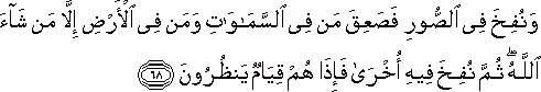 وَنُفِخَ فِي الصُّورِ فَصَعِقَ مَنْ فِي السَّمَاوَاتِ وَمَنْ فِي الْأَرْضِ إِلَّا مَنْ شَاءَ اللَّهُ ۖ ثُمَّ نُفِخَ فِيهِ أُخْرَىٰ فَإِذَا هُمْ قِيَامٌ يَنْظُرُونَ