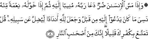 وَإِذَا مَسَّ الْإِنْسَانَ ضُرٌّ دَعَا رَبَّهُ مُنِيبًا إِلَيْهِ ثُمَّ إِذَا خَوَّلَهُ نِعْمَةً مِنْهُ نَسِيَ مَا كَانَ يَدْعُو إِلَيْهِ مِنْ قَبْلُ وَجَعَلَ لِلَّهِ أَنْدَادًا لِيُضِلَّ عَنْ سَبِيلِهِ ۚ قُلْ تَمَتَّعْ بِكُفْرِكَ قَلِيلًا ۖ إِنَّكَ مِنْ أَصْحَابِ النَّارِ