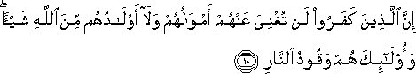 إِنَّ الَّذِينَ كَفَرُوا لَنْ تُغْنِيَ عَنْهُمْ أَمْوَالُهُمْ وَلَا أَوْلَادُهُمْ مِنَ اللَّهِ شَيْئًا ۖ وَأُولَٰئِكَ هُمْ وَقُودُ النَّارِ