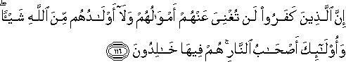 إِنَّ الَّذِينَ كَفَرُوا لَنْ تُغْنِيَ عَنْهُمْ أَمْوَالُهُمْ وَلَا أَوْلَادُهُمْ مِنَ اللَّهِ شَيْئًا ۖ وَأُولَٰئِكَ أَصْحَابُ النَّارِ ۚ هُمْ فِيهَا خَالِدُونَ