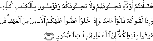 هَا أَنْتُمْ أُولَاءِ تُحِبُّونَهُمْ وَلَا يُحِبُّونَكُمْ وَتُؤْمِنُونَ بِالْكِتَابِ كُلِّهِ وَإِذَا لَقُوكُمْ قَالُوا آمَنَّا وَإِذَا خَلَوْا عَضُّوا عَلَيْكُمُ الْأَنَامِلَ مِنَ الْغَيْظِ ۚ قُلْ مُوتُوا بِغَيْظِكُمْ ۗ إِنَّ اللَّهَ عَلِيمٌ بِذَاتِ الصُّدُورِ