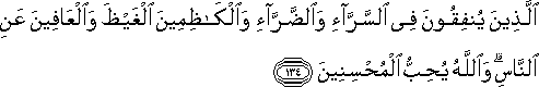 الَّذِينَ يُنْفِقُونَ فِي السَّرَّاءِ وَالضَّرَّاءِ وَالْكَاظِمِينَ الْغَيْظَ وَالْعَافِينَ عَنِ النَّاسِ ۗ وَاللَّهُ يُحِبُّ الْمُحْسِنِينَ