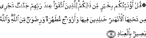 قُلْ أَؤُنَبِّئُكُمْ بِخَيْرٍ مِنْ ذَٰلِكُمْ ۚ لِلَّذِينَ اتَّقَوْا عِنْدَ رَبِّهِمْ جَنَّاتٌ تَجْرِي مِنْ تَحْتِهَا الْأَنْهَارُ خَالِدِينَ فِيهَا وَأَزْوَاجٌ مُطَهَّرَةٌ وَرِضْوَانٌ مِنَ اللَّهِ ۗ وَاللَّهُ بَصِيرٌ بِالْعِبَادِ