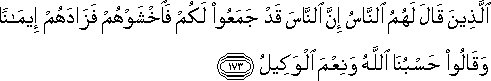 الَّذِينَ قَالَ لَهُمُ النَّاسُ إِنَّ النَّاسَ قَدْ جَمَعُوا لَكُمْ فَاخْشَوْهُمْ فَزَادَهُمْ إِيمَانًا وَقَالُوا حَسْبُنَا اللَّهُ وَنِعْمَ الْوَكِيلُ