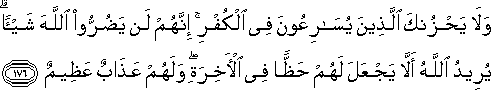 وَلَا يَحْزُنْكَ الَّذِينَ يُسَارِعُونَ فِي الْكُفْرِ ۚ إِنَّهُمْ لَنْ يَضُرُّوا اللَّهَ شَيْئًا ۗ يُرِيدُ اللَّهُ أَلَّا يَجْعَلَ لَهُمْ حَظًّا فِي الْآخِرَةِ ۖ وَلَهُمْ عَذَابٌ عَظِيمٌ