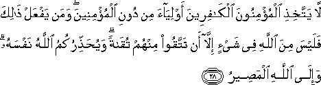 لَا يَتَّخِذِ الْمُؤْمِنُونَ الْكَافِرِينَ أَوْلِيَاءَ مِنْ دُونِ الْمُؤْمِنِينَ ۖ وَمَنْ يَفْعَلْ ذَٰلِكَ فَلَيْسَ مِنَ اللَّهِ فِي شَيْءٍ إِلَّا أَنْ تَتَّقُوا مِنْهُمْ تُقَاةً ۗ وَيُحَذِّرُكُمُ اللَّهُ نَفْسَهُ ۗ وَإِلَى اللَّهِ الْمَصِيرُ