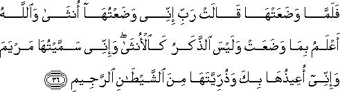 فَلَمَّا وَضَعَتْهَا قَالَتْ رَبِّ إِنِّي وَضَعْتُهَا أُنْثَىٰ وَاللَّهُ أَعْلَمُ بِمَا وَضَعَتْ وَلَيْسَ الذَّكَرُ كَالْأُنْثَىٰ ۖ وَإِنِّي سَمَّيْتُهَا مَرْيَمَ وَإِنِّي أُعِيذُهَا بِكَ وَذُرِّيَّتَهَا مِنَ الشَّيْطَانِ الرَّجِيمِ