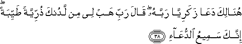 هُنَالِكَ دَعَا زَكَرِيَّا رَبَّهُ ۖ قَالَ رَبِّ هَبْ لِي مِنْ لَدُنْكَ ذُرِّيَّةً طَيِّبَةً ۖ إِنَّكَ سَمِيعُ الدُّعَاءِ