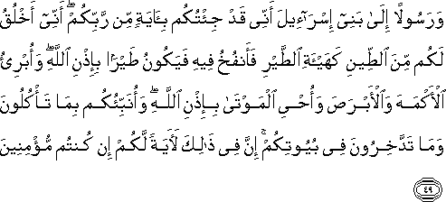 وَرَسُولًا إِلَىٰ بَنِي إِسْرَائِيلَ أَنِّي قَدْ جِئْتُكُمْ بِآيَةٍ مِنْ رَبِّكُمْ ۖ أَنِّي أَخْلُقُ لَكُمْ مِنَ الطِّينِ كَهَيْئَةِ الطَّيْرِ فَأَنْفُخُ فِيهِ فَيَكُونُ طَيْرًا بِإِذْنِ اللَّهِ ۖ وَأُبْرِئُ الْأَكْمَهَ وَالْأَبْرَصَ وَأُحْيِي الْمَوْتَىٰ بِإِذْنِ اللَّهِ ۖ وَأُنَبِّئُكُمْ بِمَا تَأْكُلُونَ وَمَا تَدَّخِرُونَ فِي بُيُوتِكُمْ ۚ إِنَّ فِي ذَٰلِكَ لَآيَةً لَكُمْ إِنْ كُنْتُمْ مُؤْمِنِينَ وَرَسُولًا إِلَىٰ بَنِي إِسْرَائِيلَ أَنِّي قَدْ جِئْتُكُمْ بِآيَةٍ مِنْ رَبِّكُمْ ۖ أَنِّي أَخْلُقُ لَكُمْ مِنَ الطِّينِ كَهَيْئَةِ الطَّيْرِ فَأَنْفُخُ فِيهِ فَيَكُونُ طَيْرًا بِإِذْنِ اللَّهِ ۖ وَأُبْرِئُ الْأَكْمَهَ وَالْأَبْرَصَ وَأُحْيِي الْمَوْتَىٰ بِإِذْنِ اللَّهِ ۖ وَأُنَبِّئُكُمْ بِمَا تَأْكُلُونَ وَمَا تَدَّخِرُونَ فِي بُيُوتِكُمْ ۚ إِنَّ فِي ذَٰلِكَ لَآيَةً لَكُمْ إِنْ كُنْتُمْ مُؤْمِنِينَ