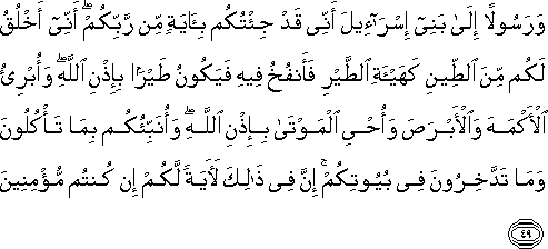 وَرَسُولًا إِلَىٰ بَنِي إِسْرَائِيلَ أَنِّي قَدْ جِئْتُكُمْ بِآيَةٍ مِنْ رَبِّكُمْ ۖ أَنِّي أَخْلُقُ لَكُمْ مِنَ الطِّينِ كَهَيْئَةِ الطَّيْرِ فَأَنْفُخُ فِيهِ فَيَكُونُ طَيْرًا بِإِذْنِ اللَّهِ ۖ وَأُبْرِئُ الْأَكْمَهَ وَالْأَبْرَصَ وَأُحْيِي الْمَوْتَىٰ بِإِذْنِ اللَّهِ ۖ وَأُنَبِّئُكُمْ بِمَا تَأْكُلُونَ وَمَا تَدَّخِرُونَ فِي بُيُوتِكُمْ ۚ إِنَّ فِي ذَٰلِكَ لَآيَةً لَكُمْ إِنْ كُنْتُمْ مُؤْمِنِينَ