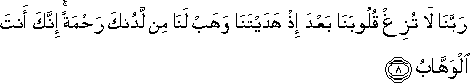 رَبَّنَا لَا تُزِغْ قُلُوبَنَا بَعْدَ إِذْ هَدَيْتَنَا وَهَبْ لَنَا مِنْ لَدُنْكَ رَحْمَةً ۚ إِنَّكَ أَنْتَ الْوَهَّابُ