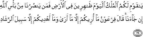 يَا قَوْمِ لَكُمُ الْمُلْكُ الْيَوْمَ ظَاهِرِينَ فِي الْأَرْضِ فَمَنْ يَنْصُرُنَا مِنْ بَأْسِ اللَّهِ إِنْ جَاءَنَا ۚ قَالَ فِرْعَوْنُ مَا أُرِيكُمْ إِلَّا مَا أَرَىٰ وَمَا أَهْدِيكُمْ إِلَّا سَبِيلَ الرَّشَادِ