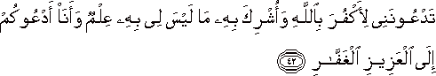 تَدْعُونَنِي لِأَكْفُرَ بِاللَّهِ وَأُشْرِكَ بِهِ مَا لَيْسَ لِي بِهِ عِلْمٌ وَأَنَا أَدْعُوكُمْ إِلَى الْعَزِيزِ الْغَفَّارِ