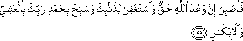 فَاصْبِرْ إِنَّ وَعْدَ اللَّهِ حَقٌّ وَاسْتَغْفِرْ لِذَنْبِكَ وَسَبِّحْ بِحَمْدِ رَبِّكَ بِالْعَشِيِّ وَالْإِبْكَارِ