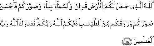 اللَّهُ الَّذِي جَعَلَ لَكُمُ الْأَرْضَ قَرَارًا وَالسَّمَاءَ بِنَاءً وَصَوَّرَكُمْ فَأَحْسَنَ صُوَرَكُمْ وَرَزَقَكُمْ مِنَ الطَّيِّبَاتِ ۚ ذَٰلِكُمُ اللَّهُ رَبُّكُمْ ۖ فَتَبَارَكَ اللَّهُ رَبُّ الْعَالَمِينَ