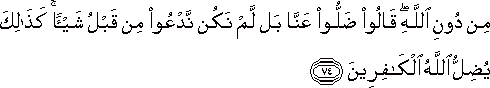 مِنْ دُونِ اللَّهِ ۖ قَالُوا ضَلُّوا عَنَّا بَلْ لَمْ نَكُنْ نَدْعُو مِنْ قَبْلُ شَيْئًا ۚ كَذَٰلِكَ يُضِلُّ اللَّهُ الْكَافِرِينَ