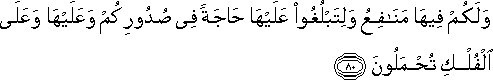 وَلَكُمْ فِيهَا مَنَافِعُ وَلِتَبْلُغُوا عَلَيْهَا حَاجَةً فِي صُدُورِكُمْ وَعَلَيْهَا وَعَلَى الْفُلْكِ تُحْمَلُونَ