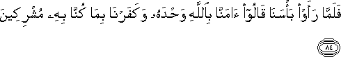 فَلَمَّا رَأَوْا بَأْسَنَا قَالُوا آمَنَّا بِاللَّهِ وَحْدَهُ وَكَفَرْنَا بِمَا كُنَّا بِهِ مُشْرِكِينَ