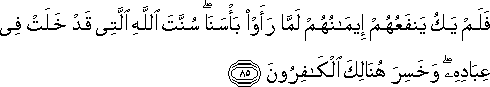 فَلَمْ يَكُ يَنْفَعُهُمْ إِيمَانُهُمْ لَمَّا رَأَوْا بَأْسَنَا ۖ سُنَّتَ اللَّهِ الَّتِي قَدْ خَلَتْ فِي عِبَادِهِ ۖ وَخَسِرَ هُنَالِكَ الْكَافِرُونَ