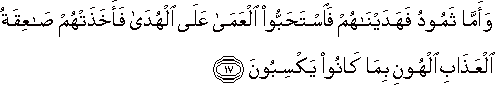 وَأَمَّا ثَمُودُ فَهَدَيْنَاهُمْ فَاسْتَحَبُّوا الْعَمَىٰ عَلَى الْهُدَىٰ فَأَخَذَتْهُمْ صَاعِقَةُ الْعَذَابِ الْهُونِ بِمَا كَانُوا يَكْسِبُونَ وَأَمَّا ثَمُودُ فَهَدَيْنَاهُمْ فَاسْتَحَبُّوا الْعَمَىٰ عَلَى الْهُدَىٰ فَأَخَذَتْهُمْ صَاعِقَةُ الْعَذَابِ الْهُونِ بِمَا كَانُوا يَكْسِبُونَ