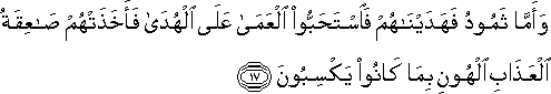 وَأَمَّا ثَمُودُ فَهَدَيْنَاهُمْ فَاسْتَحَبُّوا الْعَمَىٰ عَلَى الْهُدَىٰ فَأَخَذَتْهُمْ صَاعِقَةُ الْعَذَابِ الْهُونِ بِمَا كَانُوا يَكْسِبُونَ