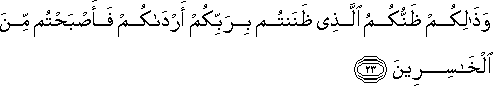 وَذَٰلِكُمْ ظَنُّكُمُ الَّذِي ظَنَنْتُمْ بِرَبِّكُمْ أَرْدَاكُمْ فَأَصْبَحْتُمْ مِنَ الْخَاسِرِينَ