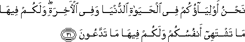 نَحْنُ أَوْلِيَاؤُكُمْ فِي الْحَيَاةِ الدُّنْيَا وَفِي الْآخِرَةِ ۖ وَلَكُمْ فِيهَا مَا تَشْتَهِي أَنْفُسُكُمْ وَلَكُمْ فِيهَا مَا تَدَّعُونَ