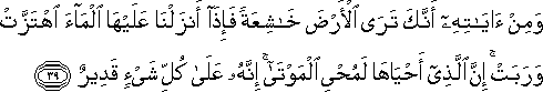 وَمِنْ آيَاتِهِ أَنَّكَ تَرَى الْأَرْضَ خَاشِعَةً فَإِذَا أَنْزَلْنَا عَلَيْهَا الْمَاءَ اهْتَزَّتْ وَرَبَتْ ۚ إِنَّ الَّذِي أَحْيَاهَا لَمُحْيِي الْمَوْتَىٰ ۚ إِنَّهُ عَلَىٰ كُلِّ شَيْءٍ قَدِيرٌ