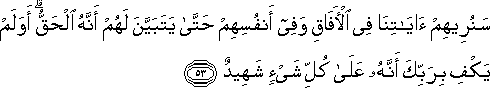 سَنُرِيهِمْ آيَاتِنَا فِي الْآفَاقِ وَفِي أَنْفُسِهِمْ حَتَّىٰ يَتَبَيَّنَ لَهُمْ أَنَّهُ الْحَقُّ ۗ أَوَلَمْ يَكْفِ بِرَبِّكَ أَنَّهُ عَلَىٰ كُلِّ شَيْءٍ شَهِيدٌ