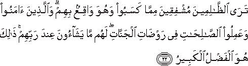 تَرَى الظَّالِمِينَ مُشْفِقِينَ مِمَّا كَسَبُوا وَهُوَ وَاقِعٌ بِهِمْ ۗ وَالَّذِينَ آمَنُوا وَعَمِلُوا الصَّالِحَاتِ فِي رَوْضَاتِ الْجَنَّاتِ ۖ لَهُمْ مَا يَشَاءُونَ عِنْدَ رَبِّهِمْ ۚ ذَٰلِكَ هُوَ الْفَضْلُ الْكَبِيرُ