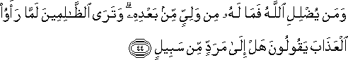 وَمَنْ يُضْلِلِ اللَّهُ فَمَا لَهُ مِنْ وَلِيٍّ مِنْ بَعْدِهِ ۗ وَتَرَى الظَّالِمِينَ لَمَّا رَأَوُا الْعَذَابَ يَقُولُونَ هَلْ إِلَىٰ مَرَدٍّ مِنْ سَبِيلٍ