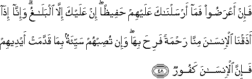 فَإِنْ أَعْرَضُوا فَمَا أَرْسَلْنَاكَ عَلَيْهِمْ حَفِيظًا ۖ إِنْ عَلَيْكَ إِلَّا الْبَلَاغُ ۗ وَإِنَّا إِذَا أَذَقْنَا الْإِنْسَانَ مِنَّا رَحْمَةً فَرِحَ بِهَا ۖ وَإِنْ تُصِبْهُمْ سَيِّئَةٌ بِمَا قَدَّمَتْ أَيْدِيهِمْ فَإِنَّ الْإِنْسَانَ كَفُورٌ