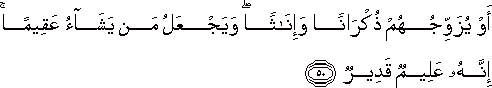 أَوْ يُزَوِّجُهُمْ ذُكْرَانًا وَإِنَاثًا ۖ وَيَجْعَلُ مَنْ يَشَاءُ عَقِيمًا ۚ إِنَّهُ عَلِيمٌ قَدِيرٌ