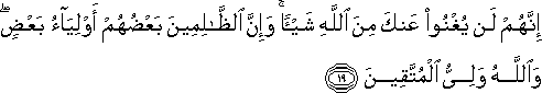 إِنَّهُمْ لَنْ يُغْنُوا عَنْكَ مِنَ اللَّهِ شَيْئًا ۚ وَإِنَّ الظَّالِمِينَ بَعْضُهُمْ أَوْلِيَاءُ بَعْضٍ ۖ وَاللَّهُ وَلِيُّ الْمُتَّقِينَ