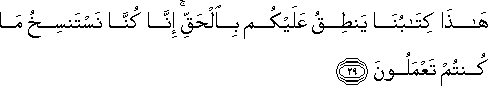 هَٰذَا كِتَابُنَا يَنْطِقُ عَلَيْكُمْ بِالْحَقِّ ۚ إِنَّا كُنَّا نَسْتَنْسِخُ مَا كُنْتُمْ تَعْمَلُونَ