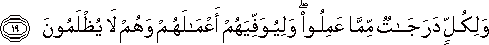 وَلِكُلٍّ دَرَجَاتٌ مِمَّا عَمِلُوا ۖ وَلِيُوَفِّيَهُمْ أَعْمَالَهُمْ وَهُمْ لَا يُظْلَمُونَ