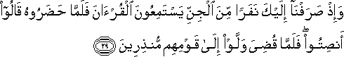 وَإِذْ صَرَفْنَا إِلَيْكَ نَفَرًا مِنَ الْجِنِّ يَسْتَمِعُونَ الْقُرْآنَ فَلَمَّا حَضَرُوهُ قَالُوا أَنْصِتُوا ۖ فَلَمَّا قُضِيَ وَلَّوْا إِلَىٰ قَوْمِهِمْ مُنْذِرِينَ